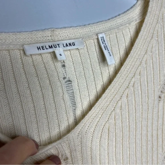 HELMUT LANG V-Neck Drop-Needle Wool Sweater Cream Distressed